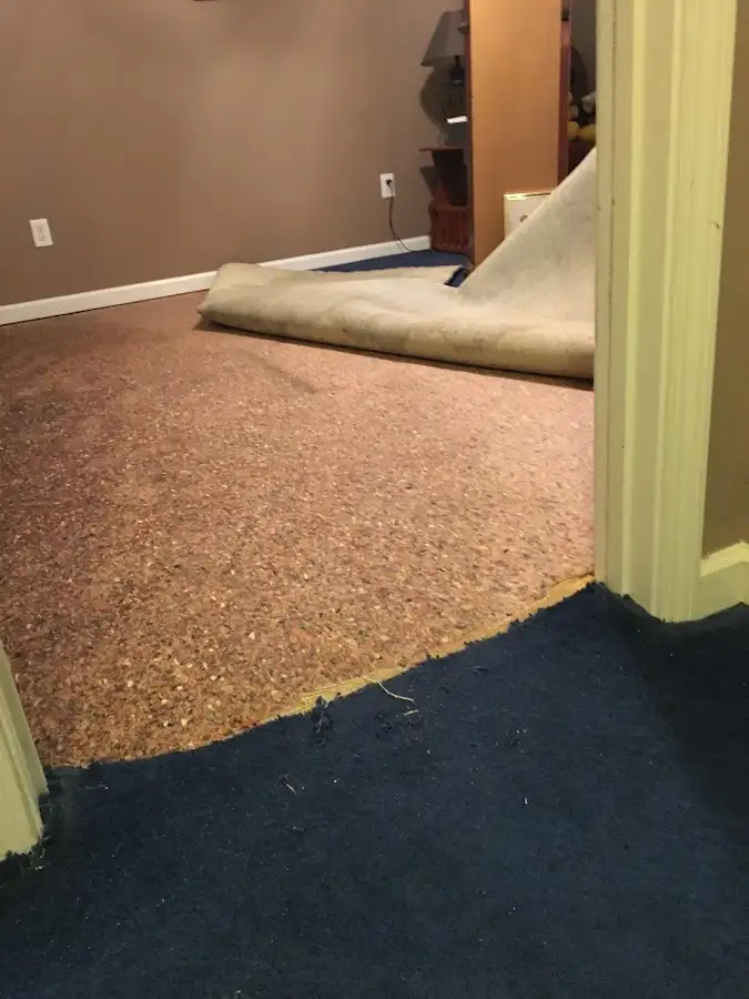 Carpet pad removal revealing water damage during Water Mitigation Services in Upper Saddle River